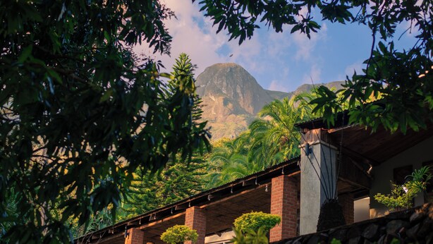A building with a covered patio area, surrounded by lush greenery and a mountain in the background.