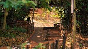 A wooden pathway leading through a garden with a stone wall on one side and a wooden fence on the other.