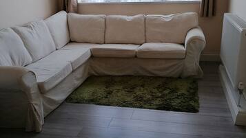 A corner living room with a beige sofa, a green rug, and a window with curtains.