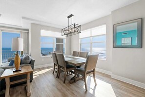 Dining - This 8th-floor 3BR/3BA beachfront condo in Daytona Beach Shores offers stunning ocean views. Steps from the Atlantic Ocean, enjoy the beach, pool, or jacuzzi, then watch sunsets over the Intracoastal and downtown from your private balcony. (Daytona Beach Shores)