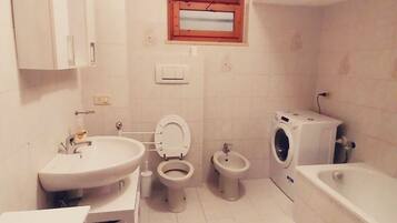 Hair dryer, bidet, towels, soap