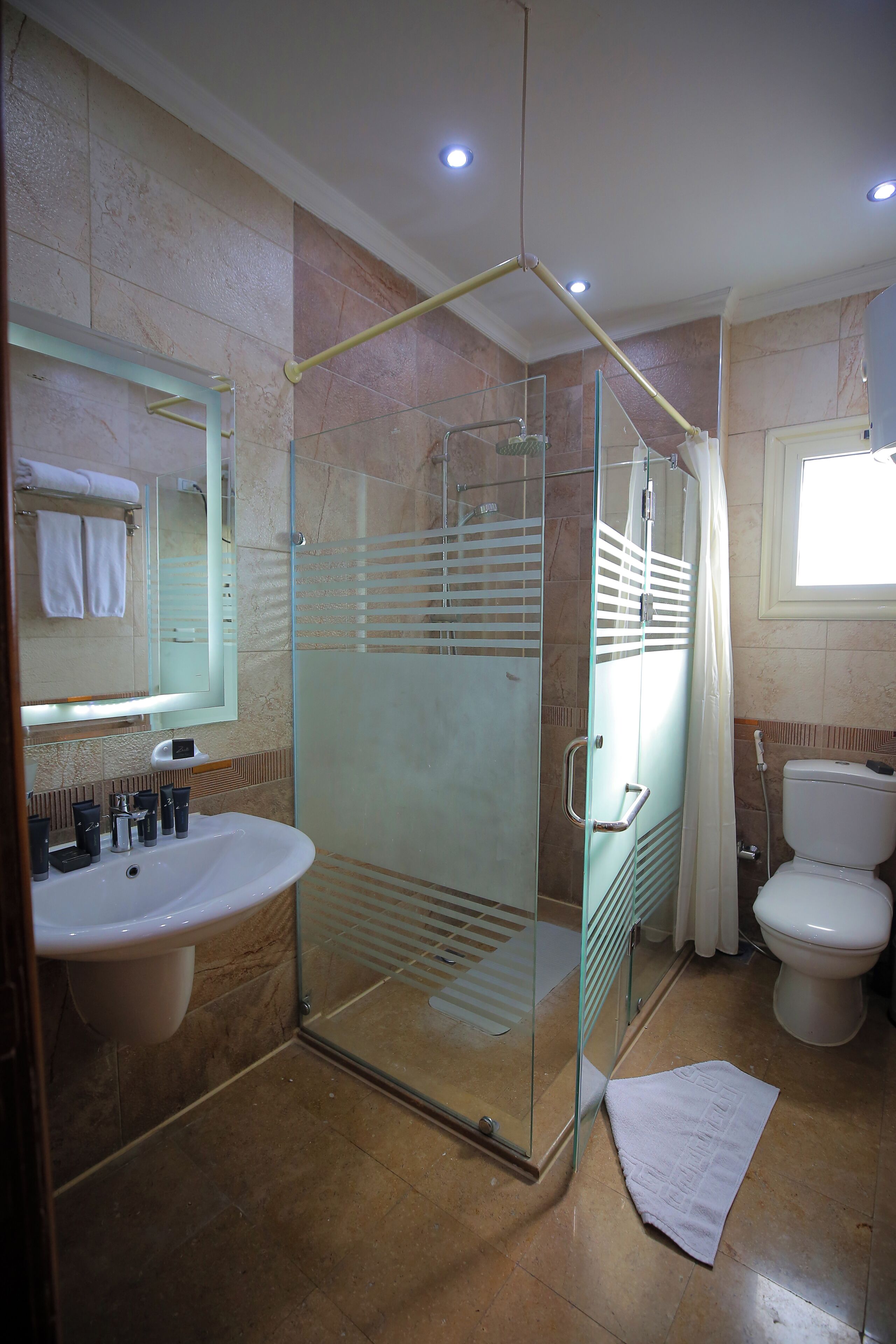 A bathroom with a glass-enclosed shower, a sink, a toilet, and a mirror.