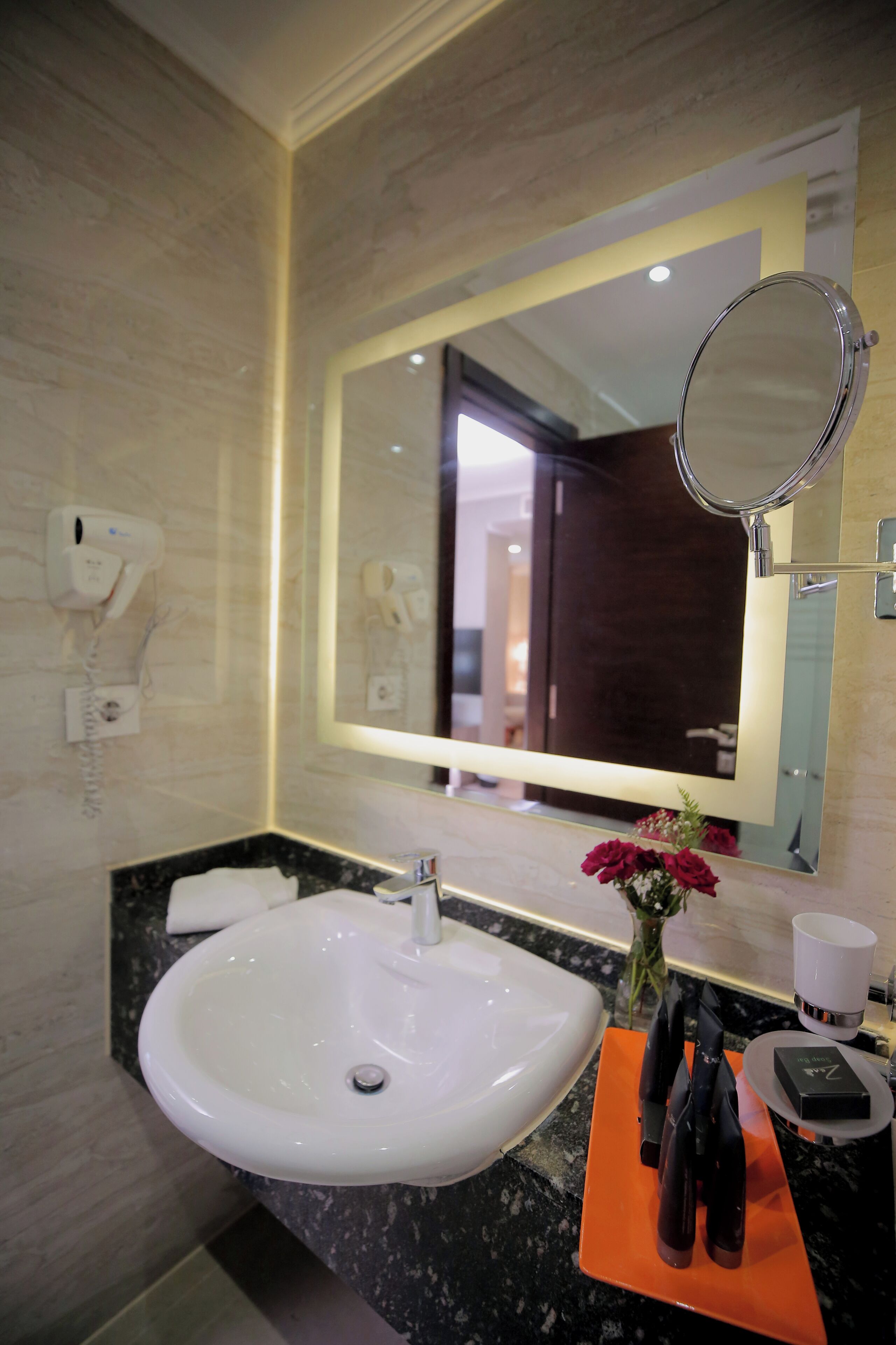 A bathroom with a white sink, a mirror, a hairdryer, and a vase with flowers.