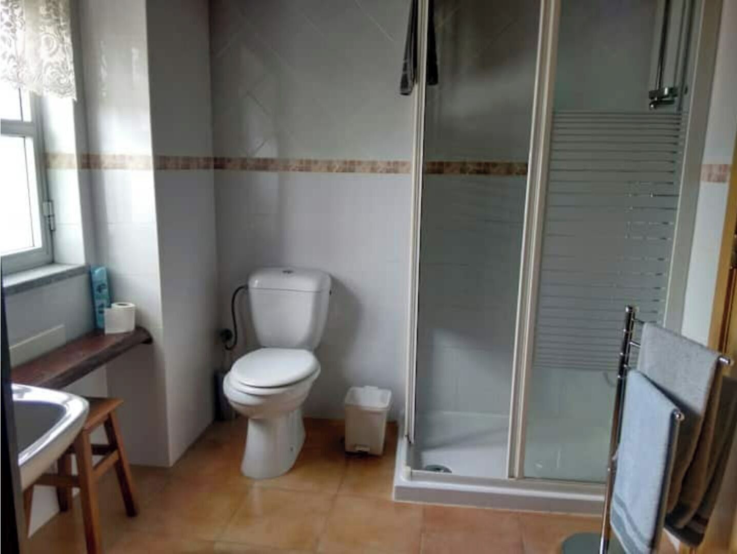 Une salle de bain comprenant des toilettes, un espace douche et un lavabo.