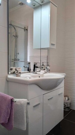 Douche, serviettes fournies, papier toilette