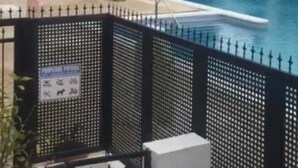 Ein Pool mit schwarzem Zaun, umgeben von Bäumen und Gebäuden.
