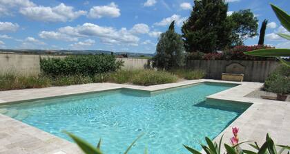 Lauragais farmhouse in the countryside, view of the Pyrenees
