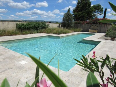 Lauragais farmhouse in the countryside, view of the Pyrenees