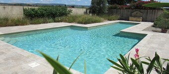 Lauragais farmhouse in the countryside, view of the Pyrenees