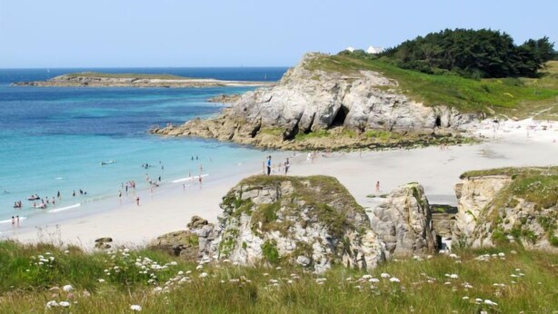 Uma praia costeira com falésias rochosas, águas azuis cristalinas e um primeiro plano com grama.