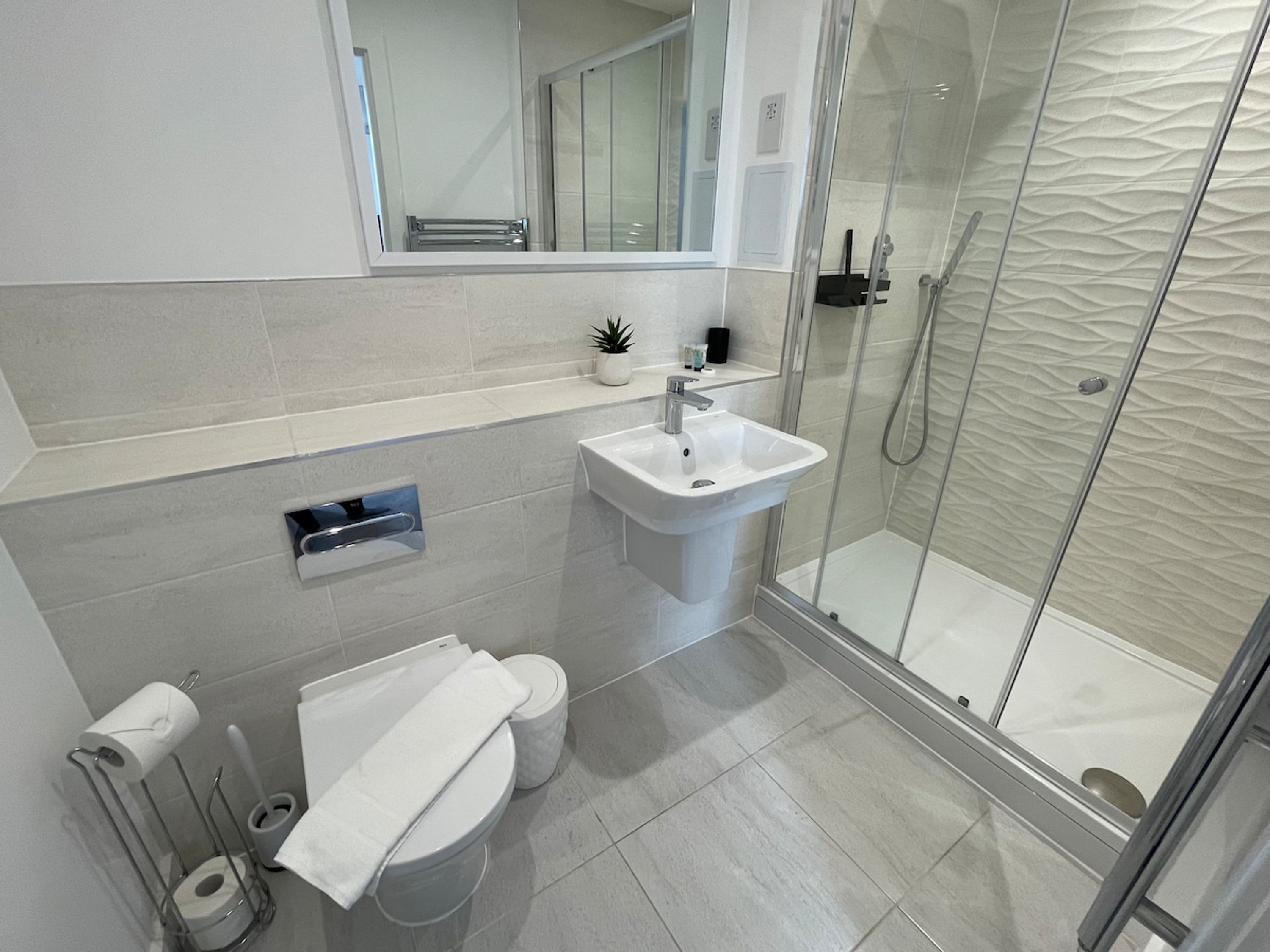 Shower, hair dryer, towels