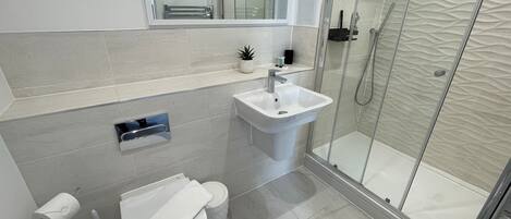 A modern bathroom with a glass shower enclosure, a sink, and a toilet.