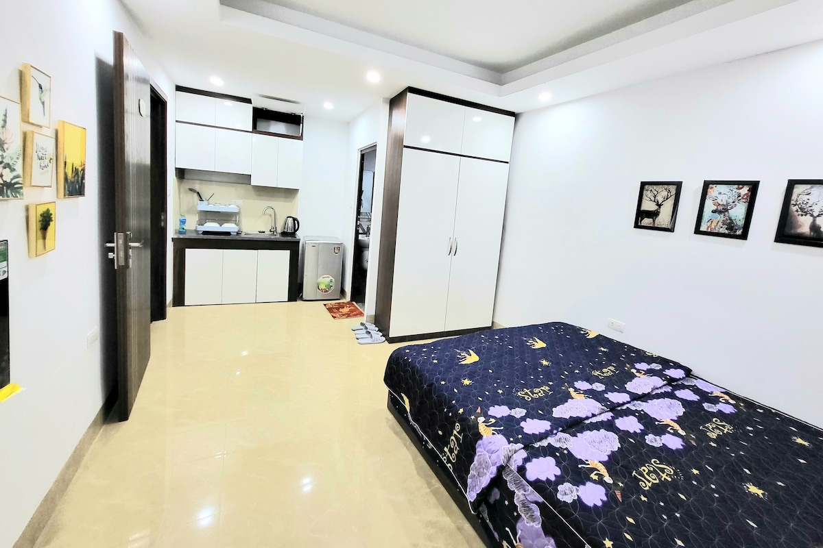 A bedroom with a bed, a wardrobe, a small kitchenette, and a bathroom.