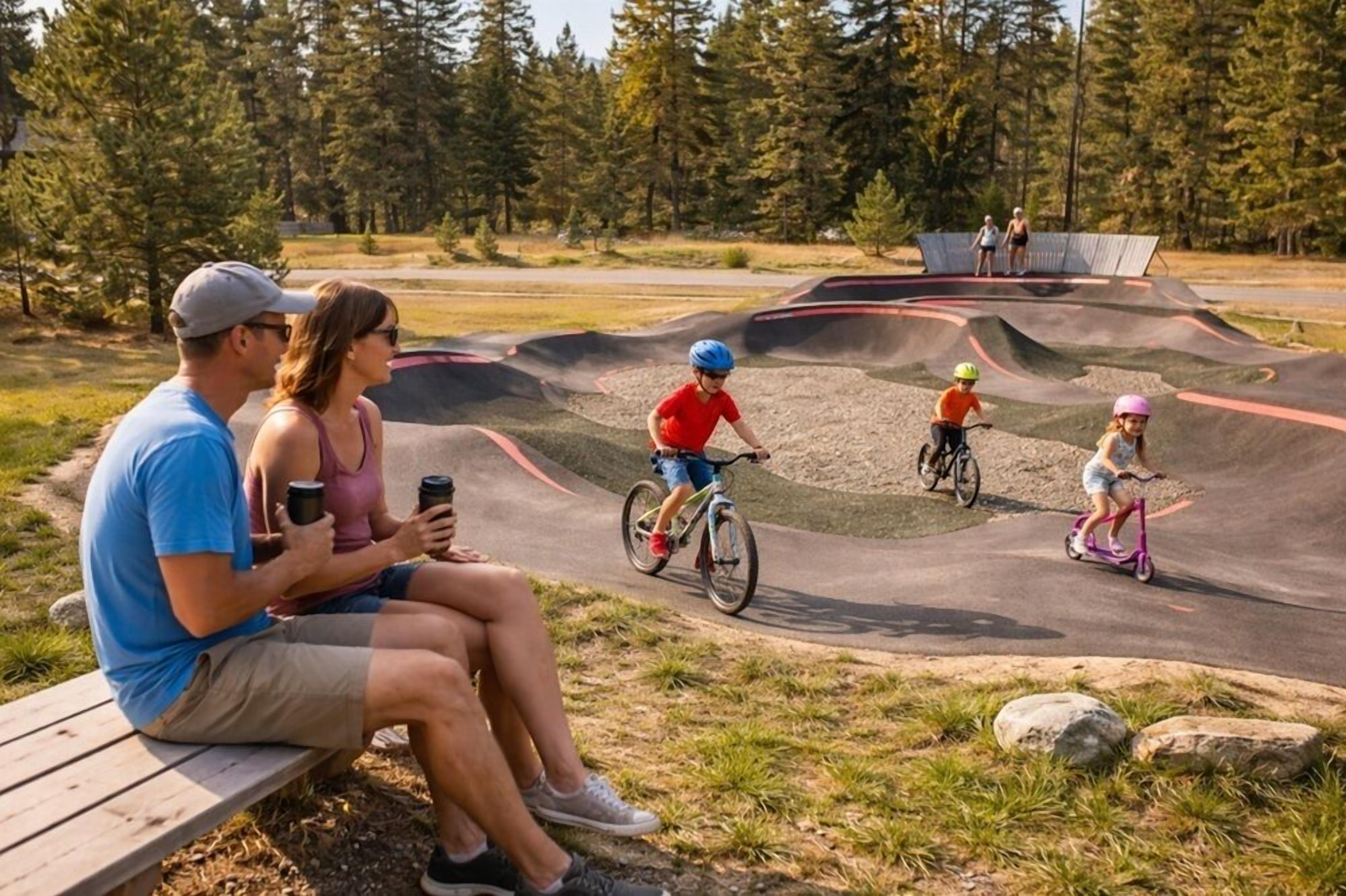 A family at a skate park with a wooden bench and a paved area with ramps.