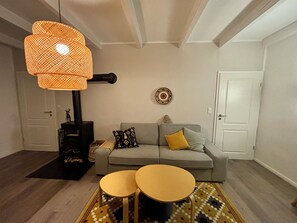 TV connectée, cheminée, table de tennis de table, livres