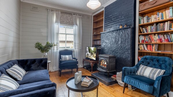 Fireplace, books