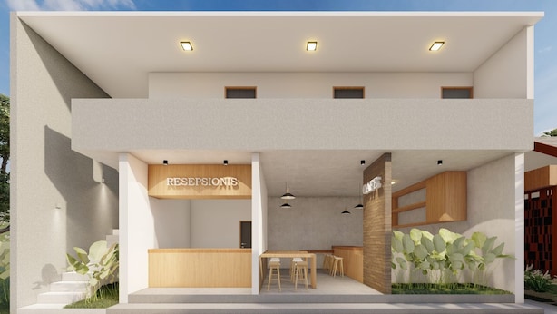Um edifício moderno com área de recepção, espaço para refeições e cozinha.