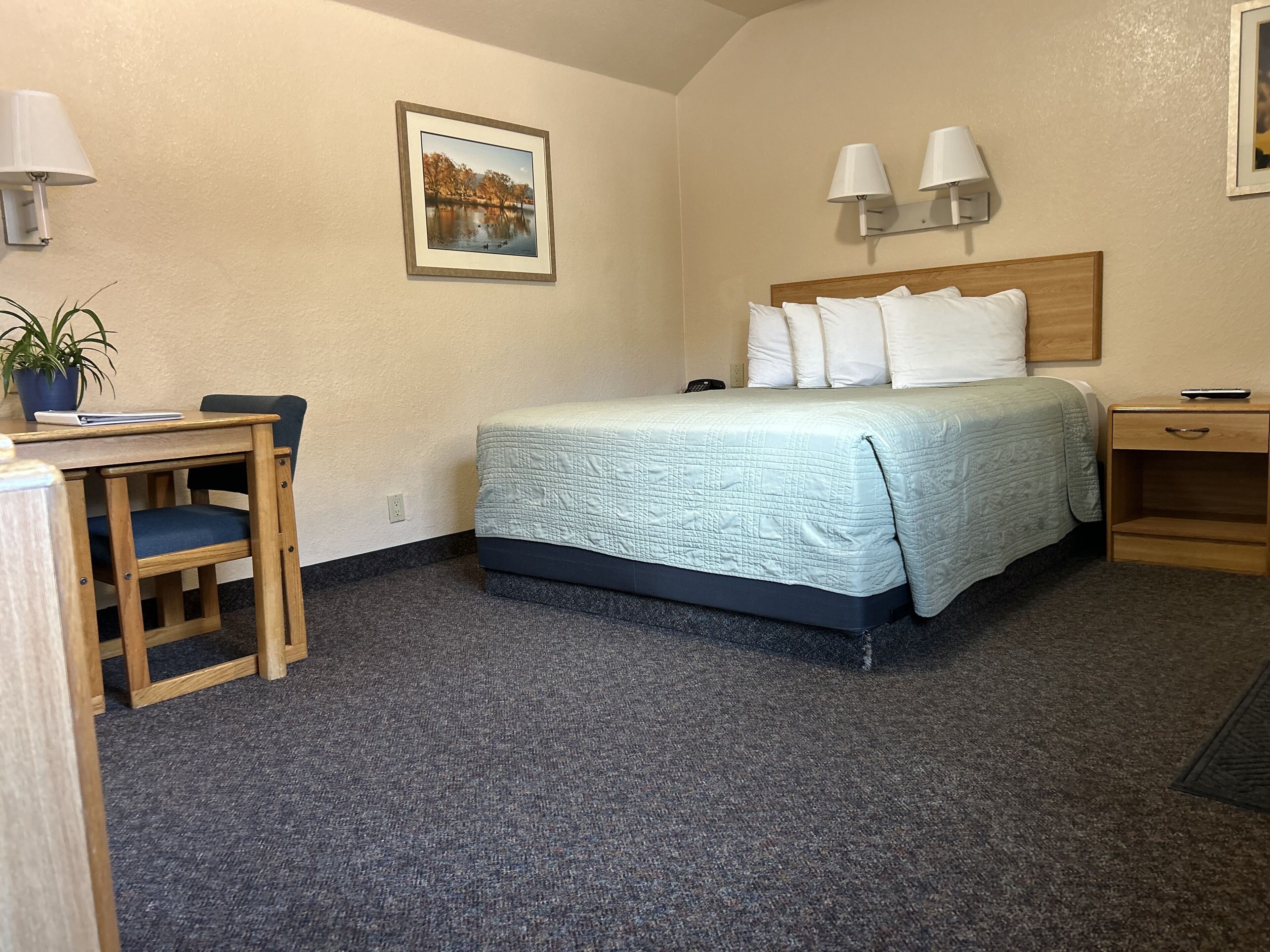 Una camera d'hotel con un letto, comodini, una scrivania con una sedia, una lampada e un quadro appeso al muro.