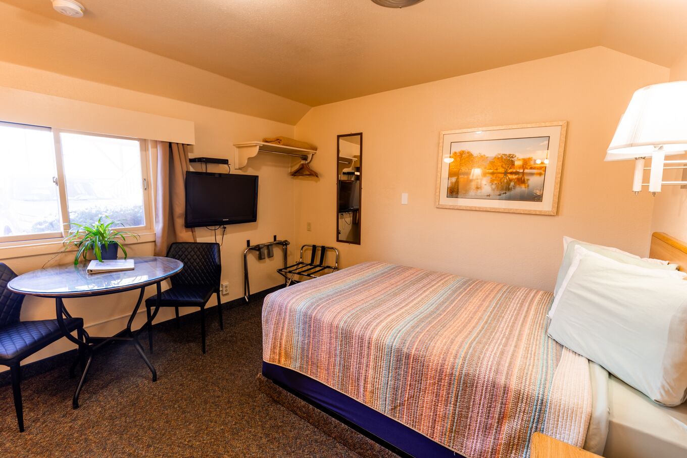 Habitación de hotel con cama, escritorio, silla, televisor, ventana y un cuadro en la pared.