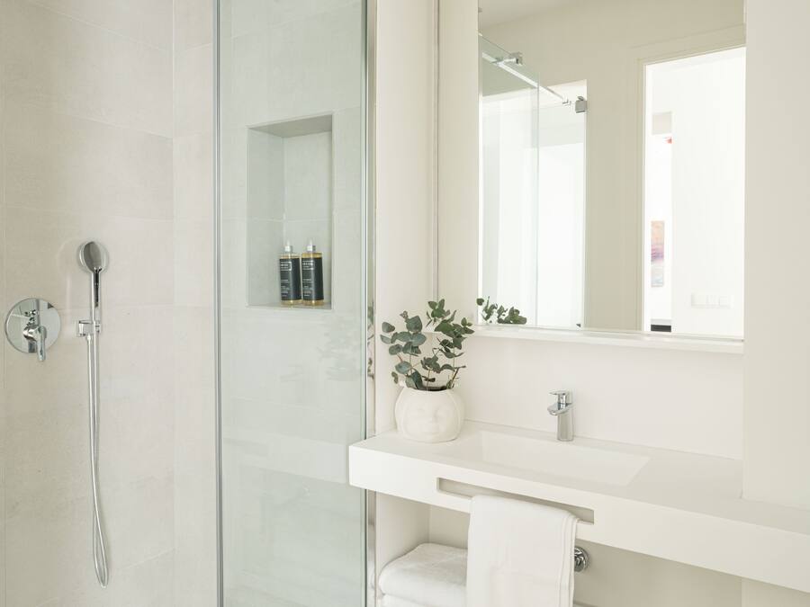 A modern bathroom with a glass shower enclosure, a white vanity with a mirror, and a potted plant.