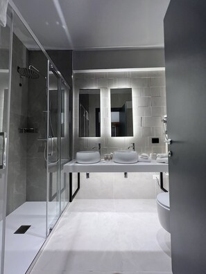 Shower, hair dryer, bidet, towels