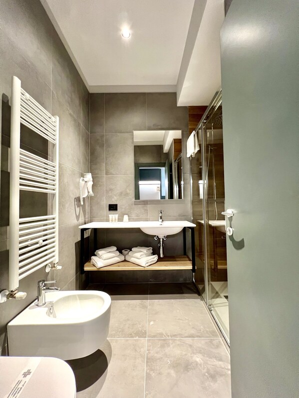 Shower, hair dryer, bidet, towels