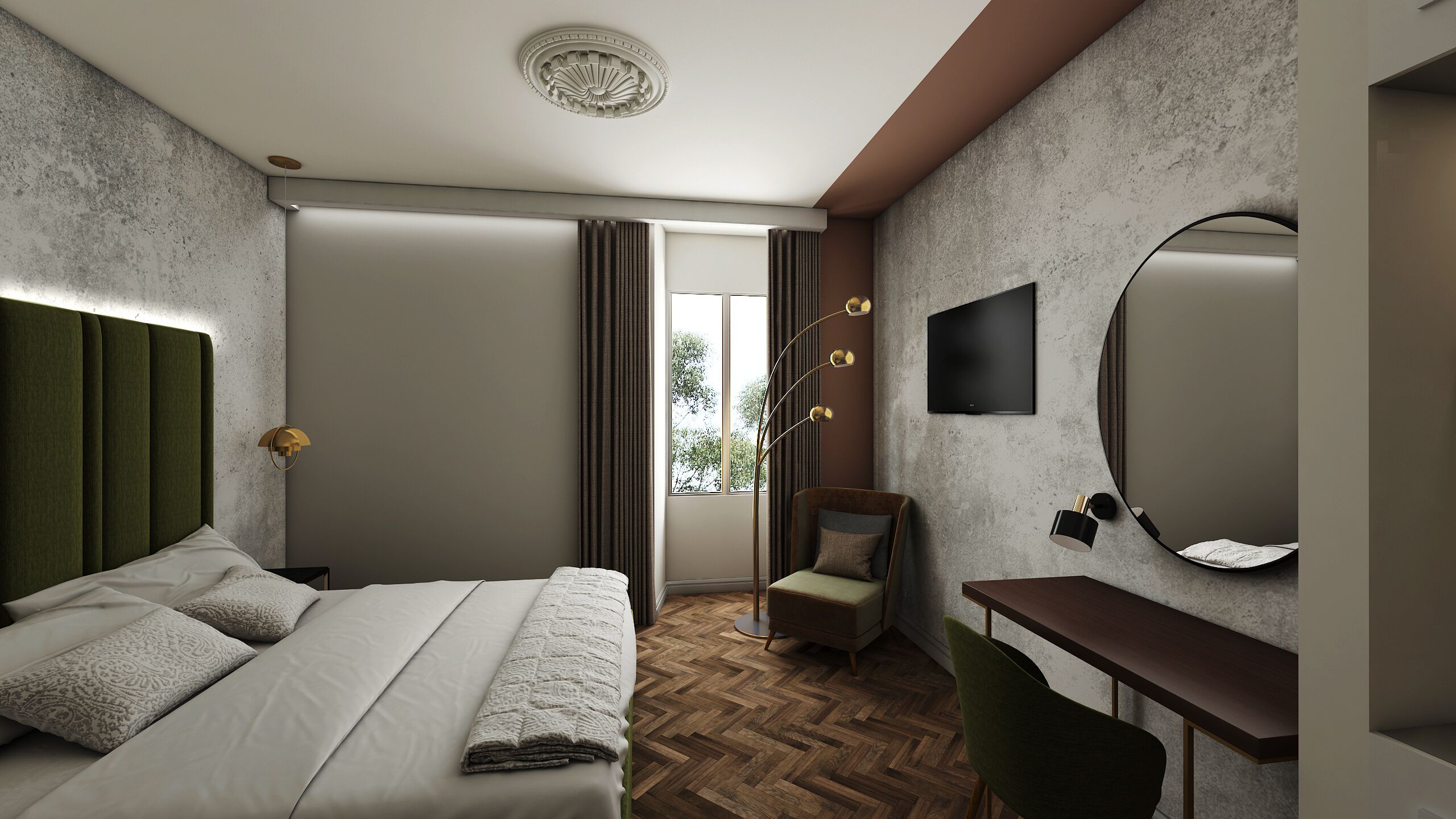 A modern hotel room with a large bed, a desk, a chair, a TV, and a large window with curtains.