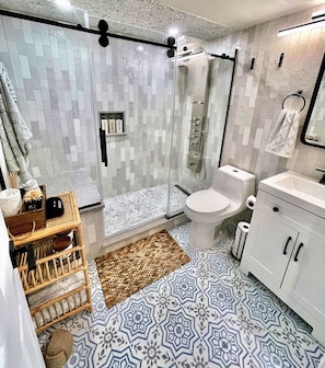 Hair dryer, towels, soap, toilet paper