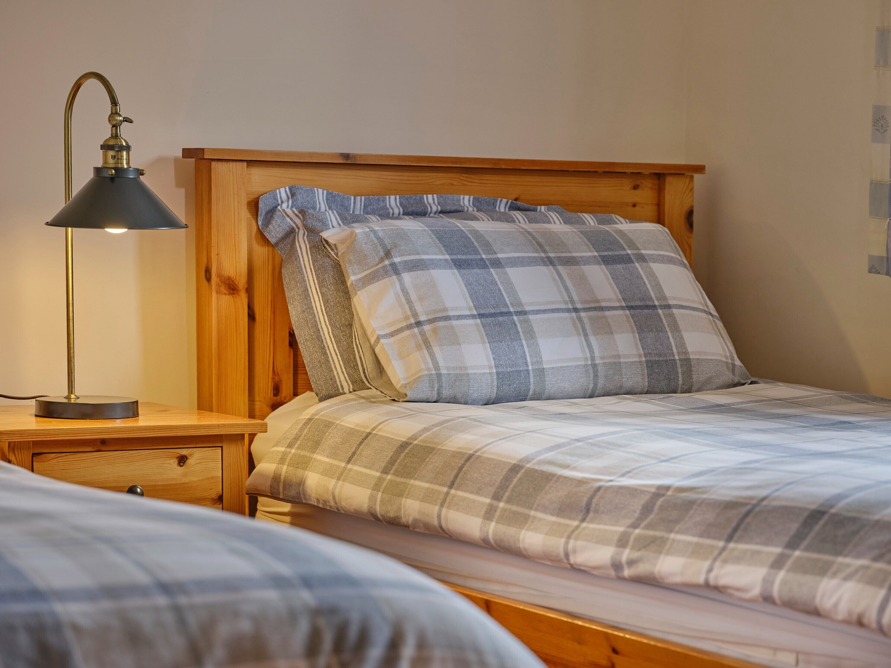 A double bed with a wooden headboard, a bedside table with a lamp, and a plaid-patterned bedspread.