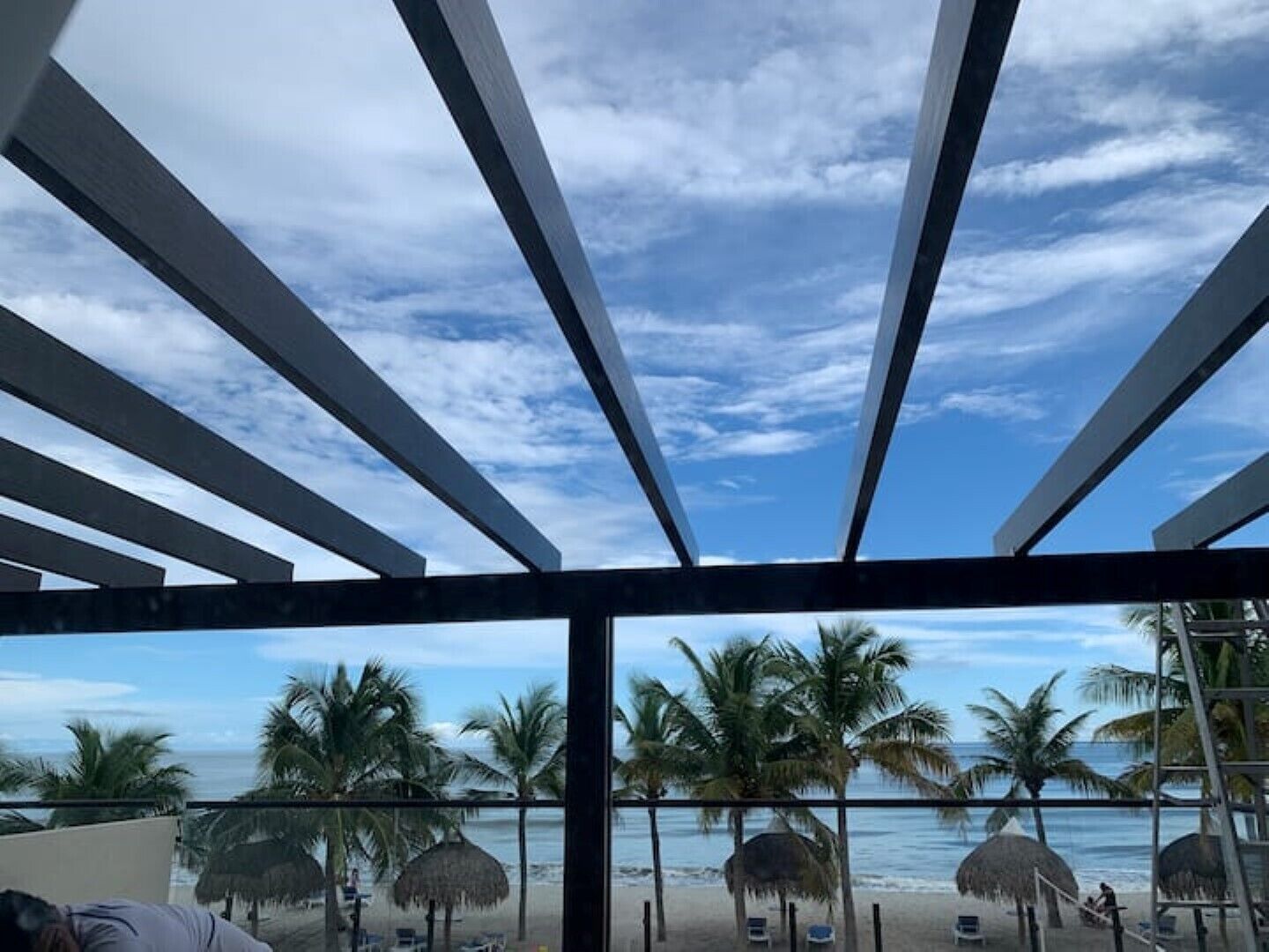 Une vue sur la plage depuis un balcon, avec des palmiers et des parasols en chaume.