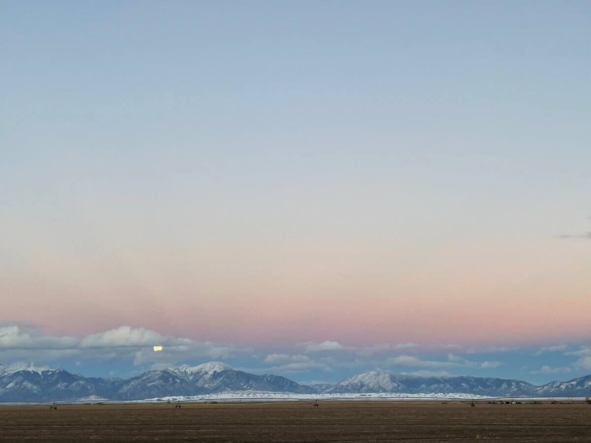 A wide-open landscape with a flat terrain and distant snow-capped mountains under a clear sky.