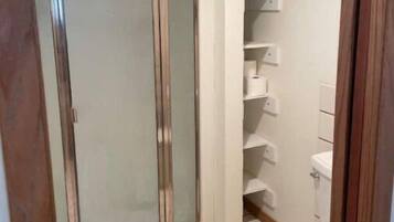 A bathroom with a shower, toilet, and shelves.