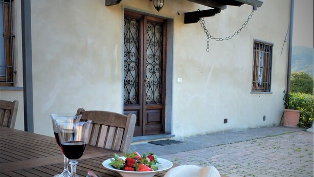 A wooden table with a book, a wine glass, a bowl of strawberries, and a hat. - La Cheta - House in the hills with garden, between Lucca and the beaches of Viareggio (Orbicciano, Camaiore)