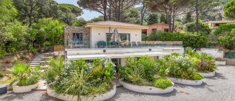 Una villa moderna con piscina, rodeada de exuberantes jardines y árboles.