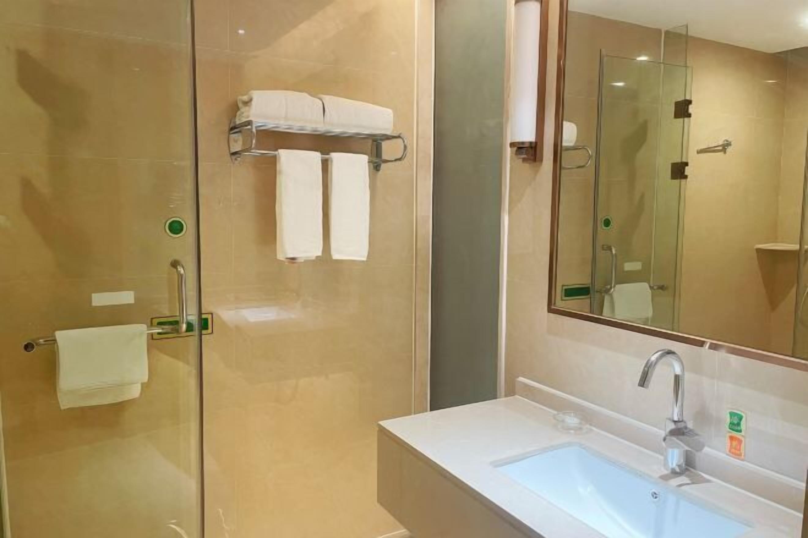 A modern bathroom with a glass shower enclosure, a white sink, and a large mirror.