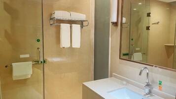 A modern bathroom with a glass shower enclosure, a white sink, and a large mirror.
