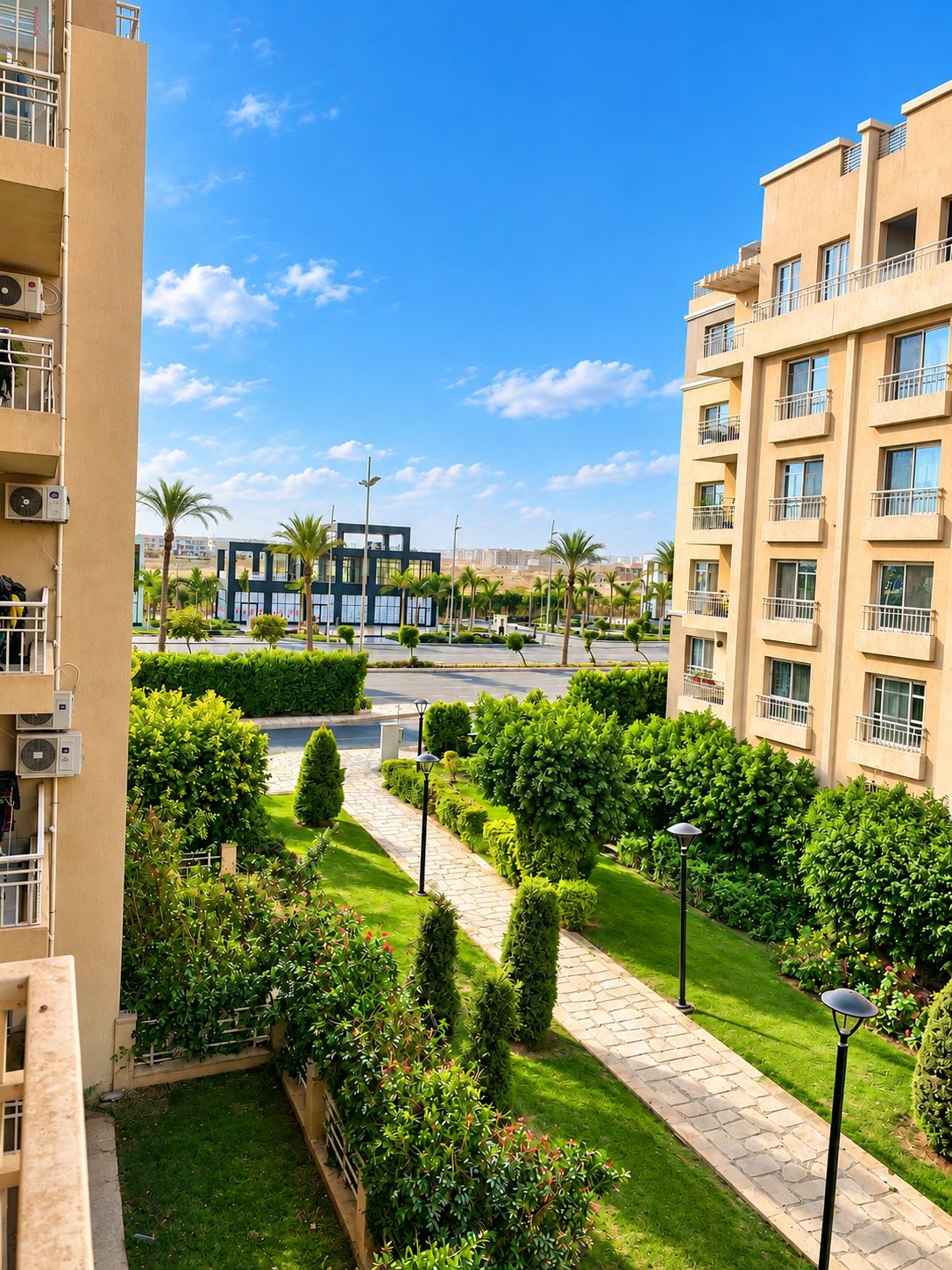 A residential area with modern buildings, a well-maintained garden, and a clear sky.