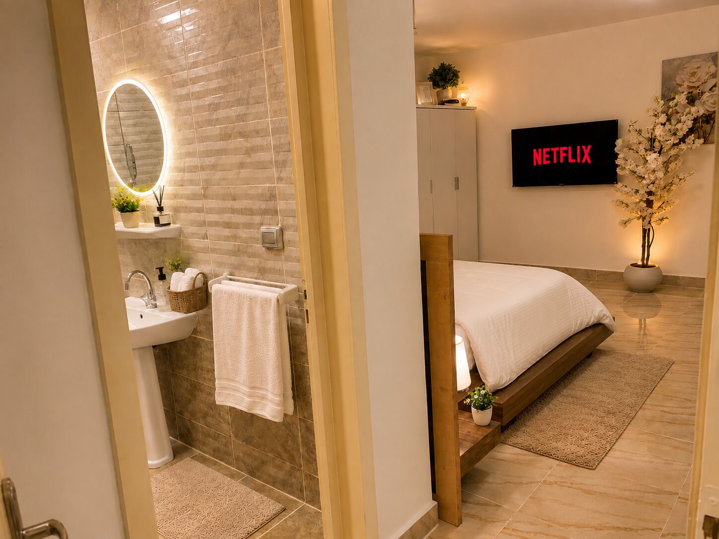 A modern bathroom with a sink, mirror, and towel rack.