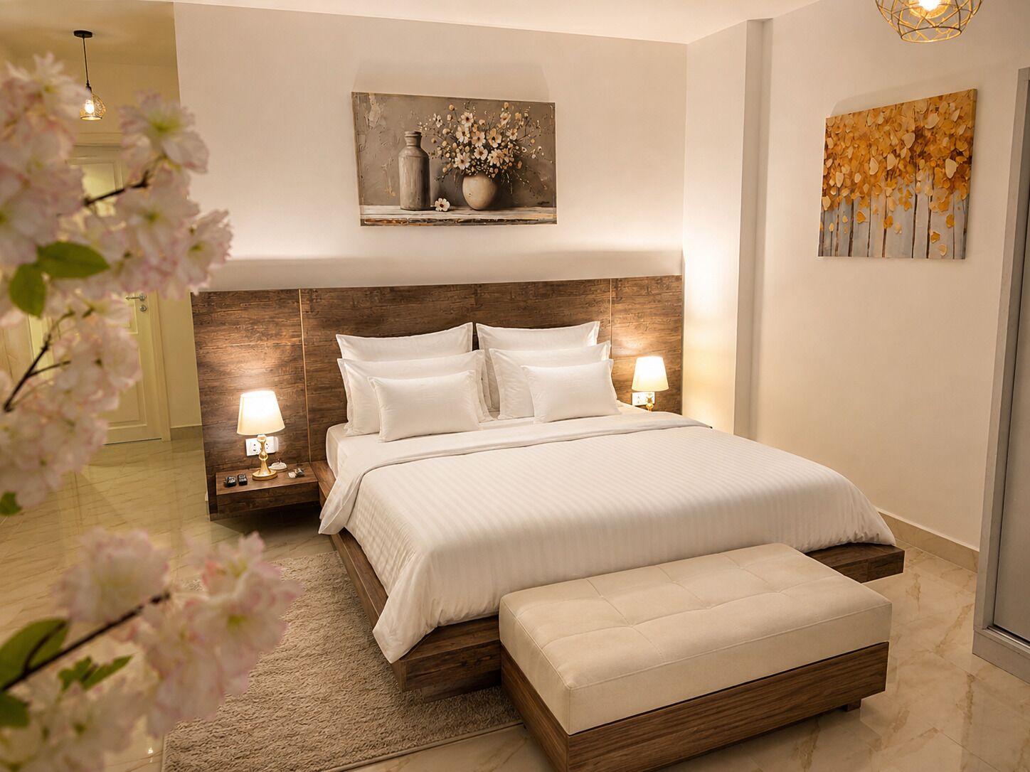 A modern bedroom with a wooden headboard, a large bed with white linens, bedside lamps, and a decorative painting above the bed.
