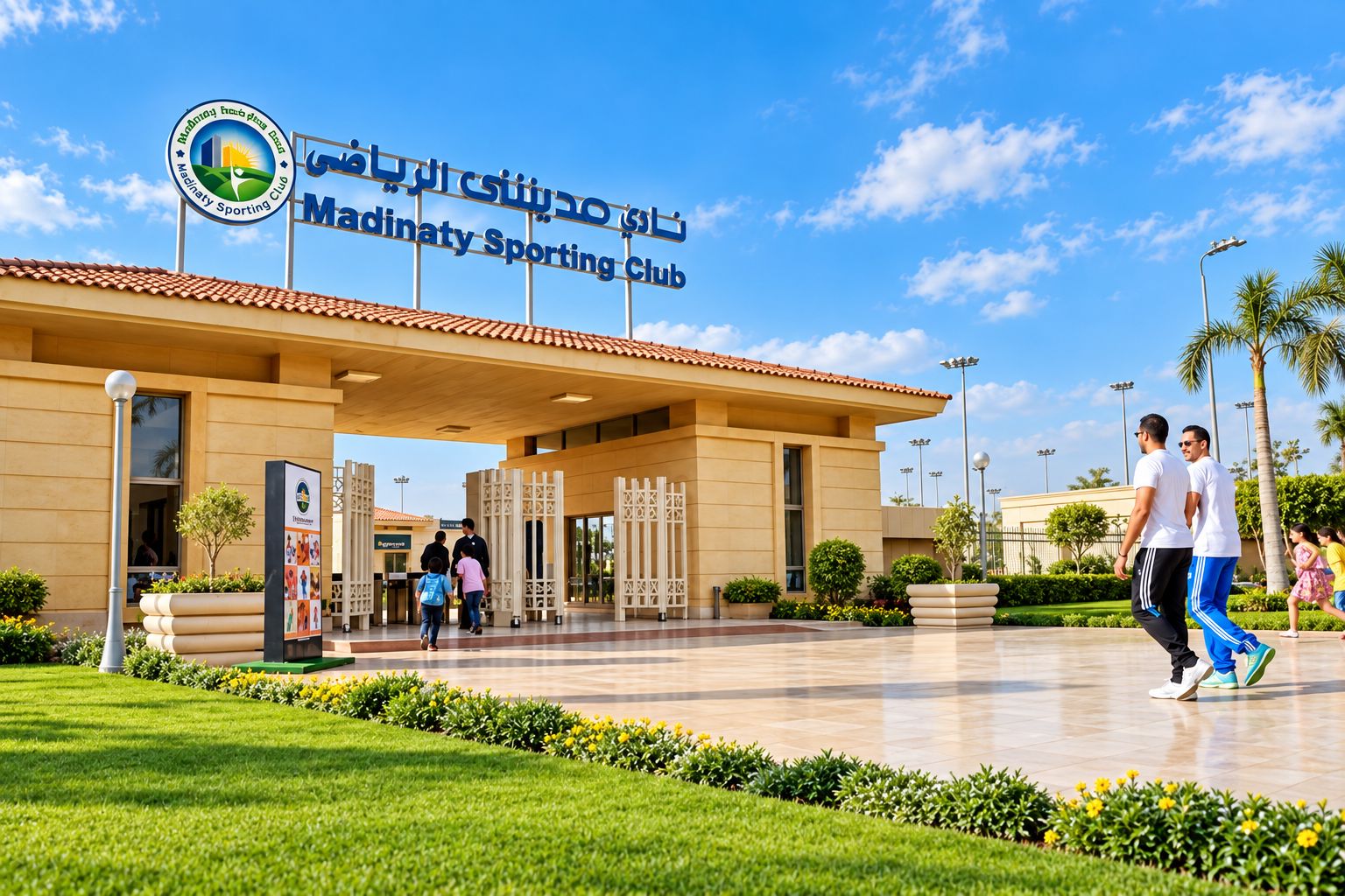 Vue extérieure du club sportif Madinat al-Hawarith, avec un ciel dégagé, des palmiers et des personnes qui se promènent.