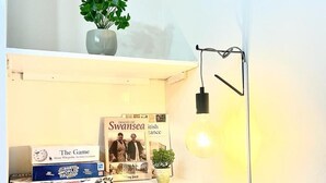 Ein Regal mit Büchern, einer Topfpflanze und einer Wandleuchte.