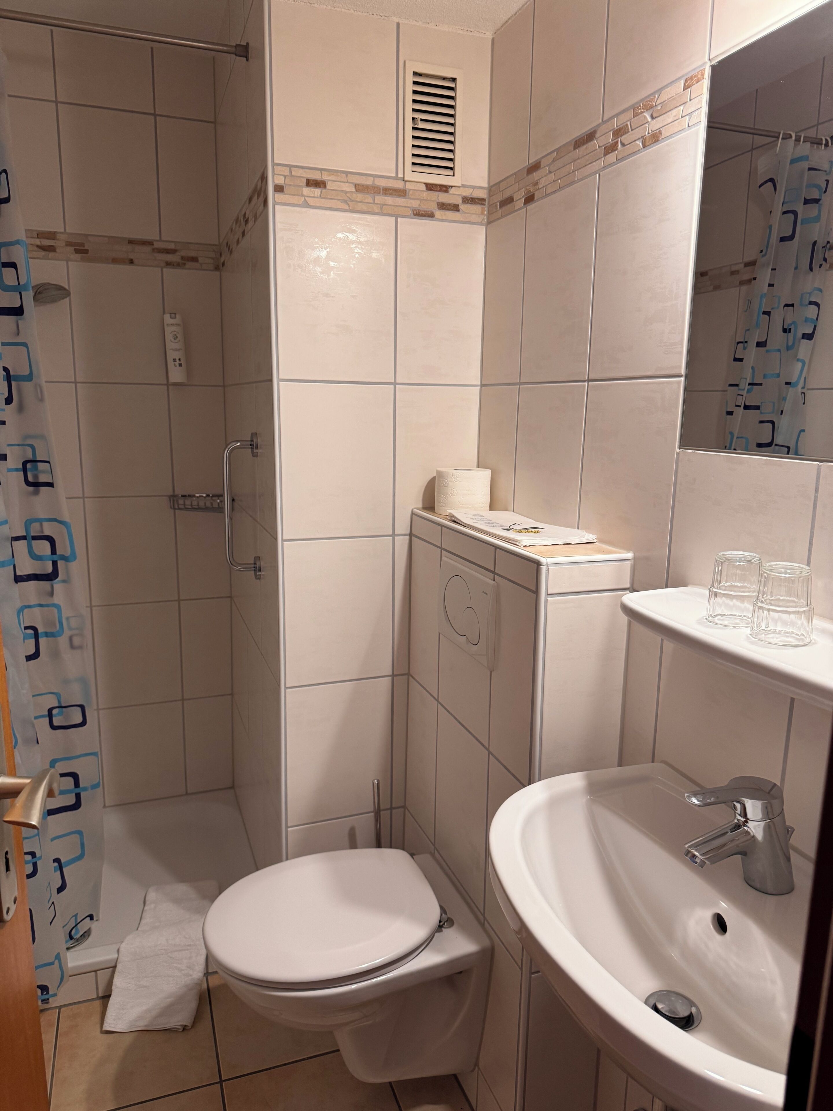 Ein Badezimmer mit Toilette, Waschbecken, Dusche und Handtuchhalter.