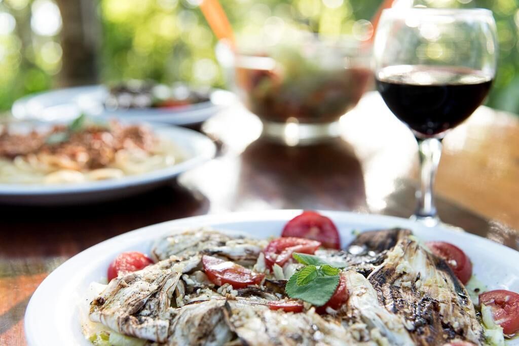 Una mesa de comedor con un plato de pescado a la parrilla y tomates, una copa de vino tinto, y un fondo desenfocado que sugiere un entorno al aire libre.