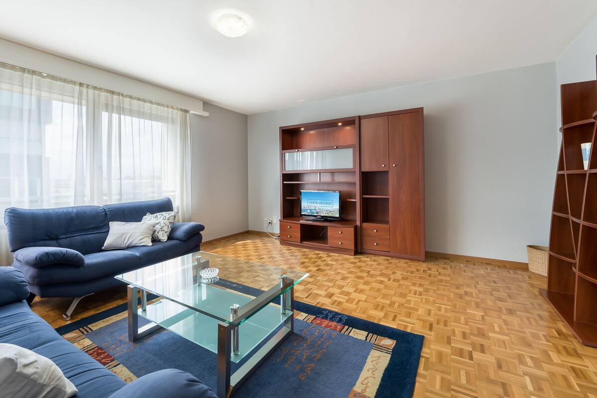 A living room with a blue sofa, a glass coffee table, a wooden entertainment unit, and a patterned rug.