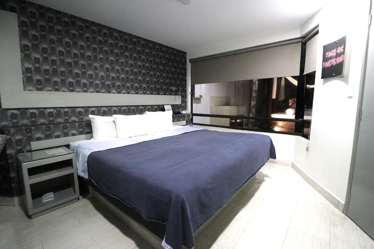 Un dormitorio moderno con una cama grande, una mesita de noche, un espejo y vistas al exterior.