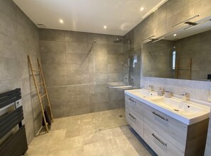 Shower, hair dryer, towels