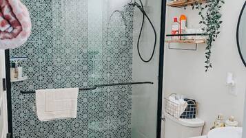 Hair dryer, towels, soap, shampoo