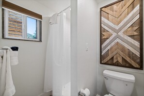 Shower, hair dryer, towels, shampoo