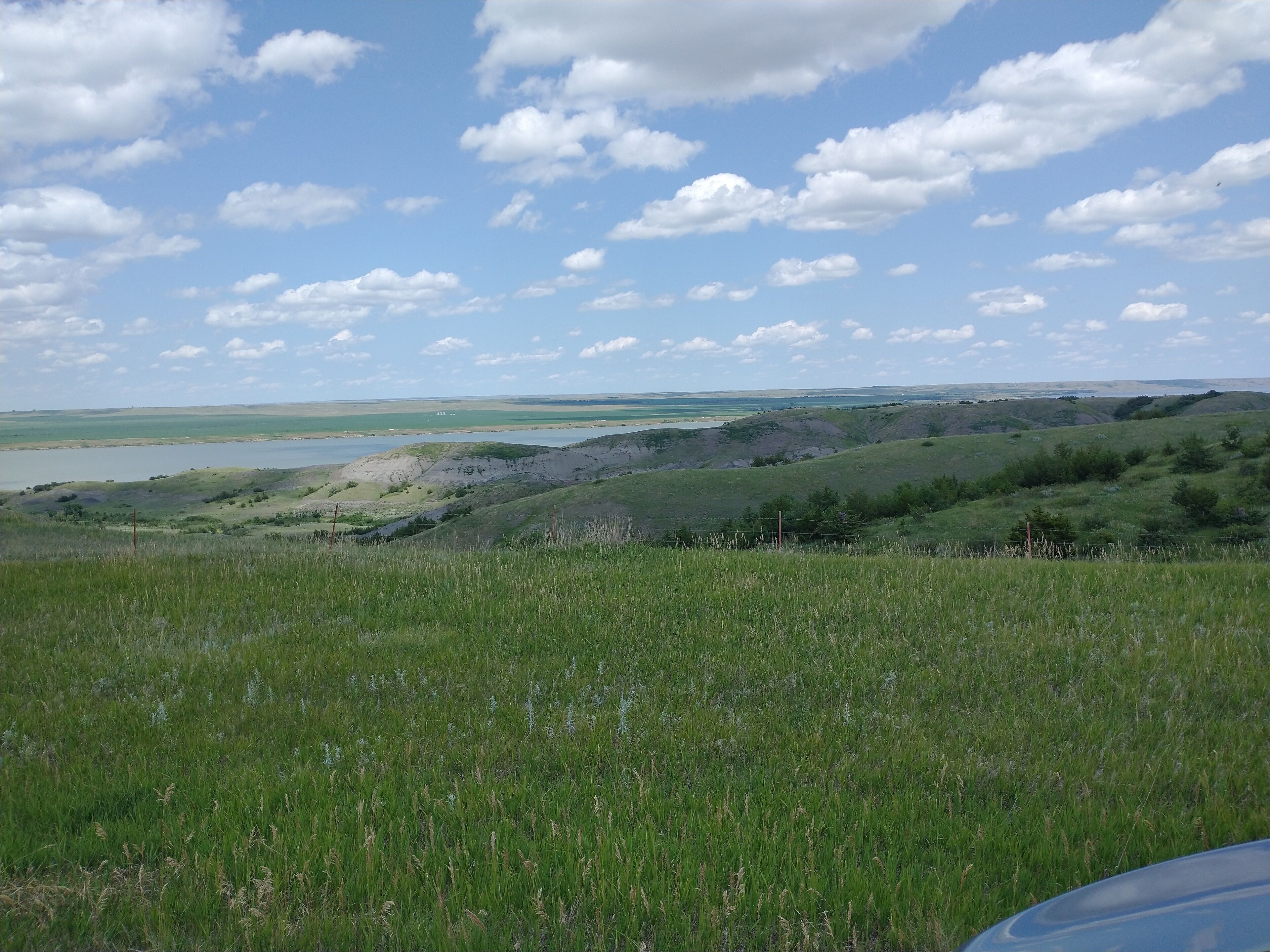 Un campo cubierto de hierba con una vista distante de un lago y colinas.