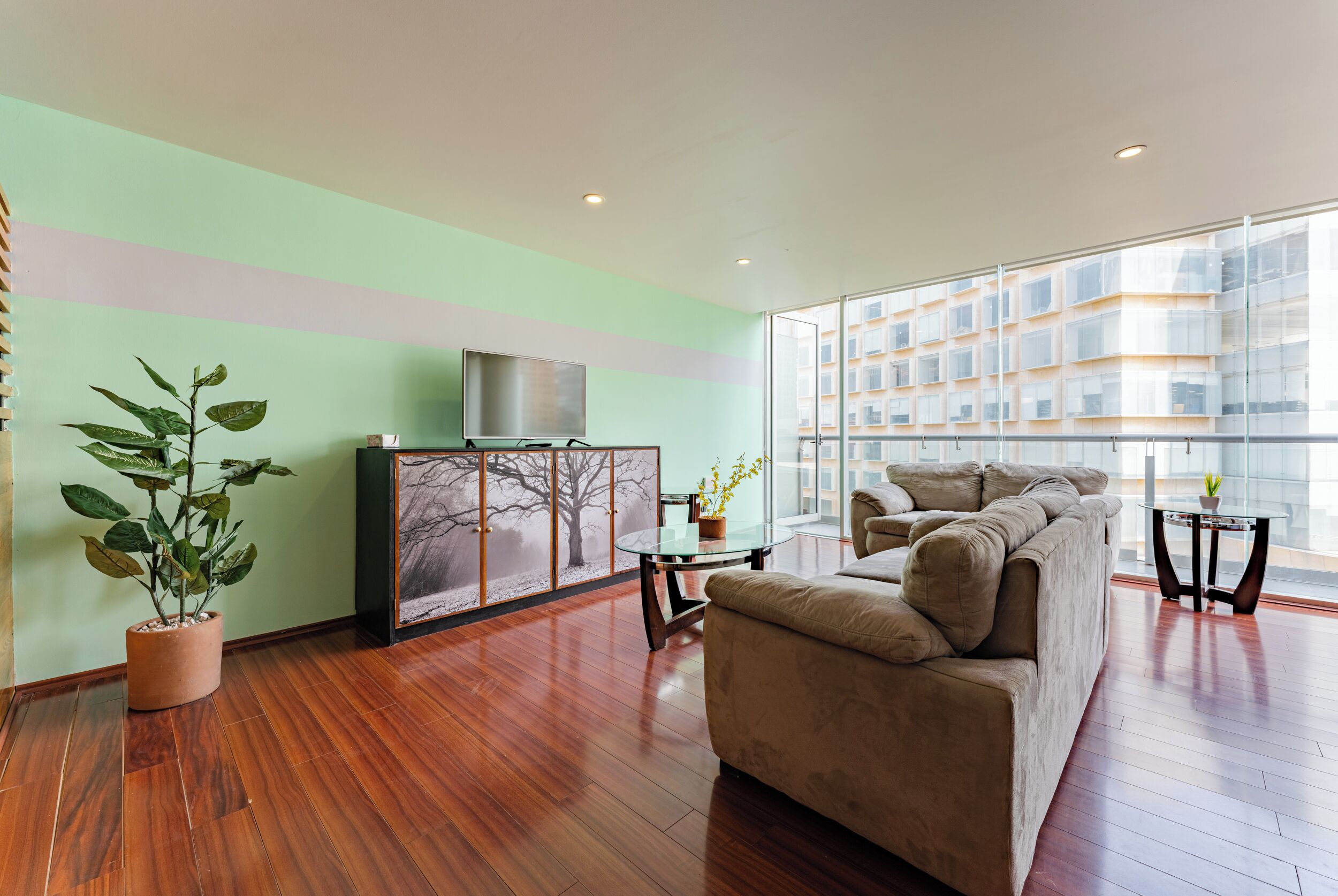 A spacious living room with a large window, a sofa, a coffee table, and a potted plant.